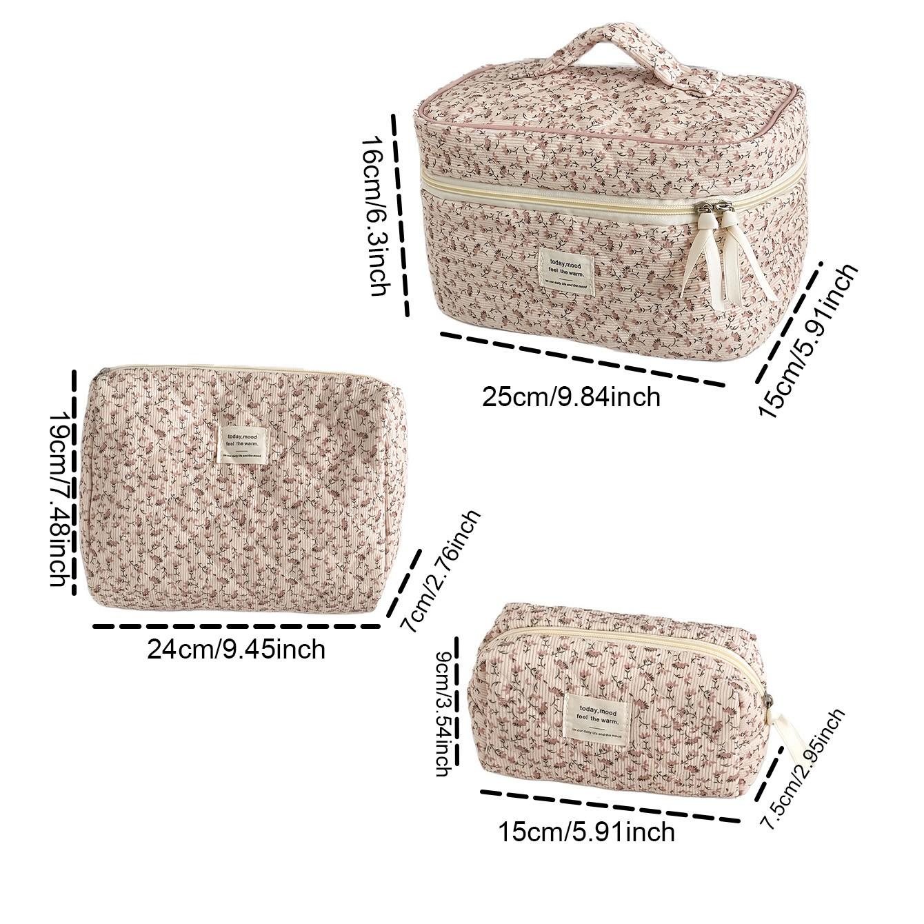 3-Piece Quilted Travel Makeup Bag Set, Large Capacity, Washable, Floral Pattern, Portable, Ideal for Women/girls, Perfect Gift