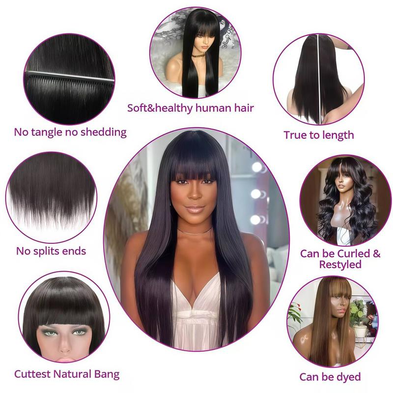 STERLY Glueless Human Hair Wig with Bangs 180% Density 2x4 lace Closure Wigs Middle Part Lace Wig Loose Body Wave Machine Made Wigs for Women Yaki Straight Front Wig Brazilian Hair Wigs HD Transparent Lace Wigs