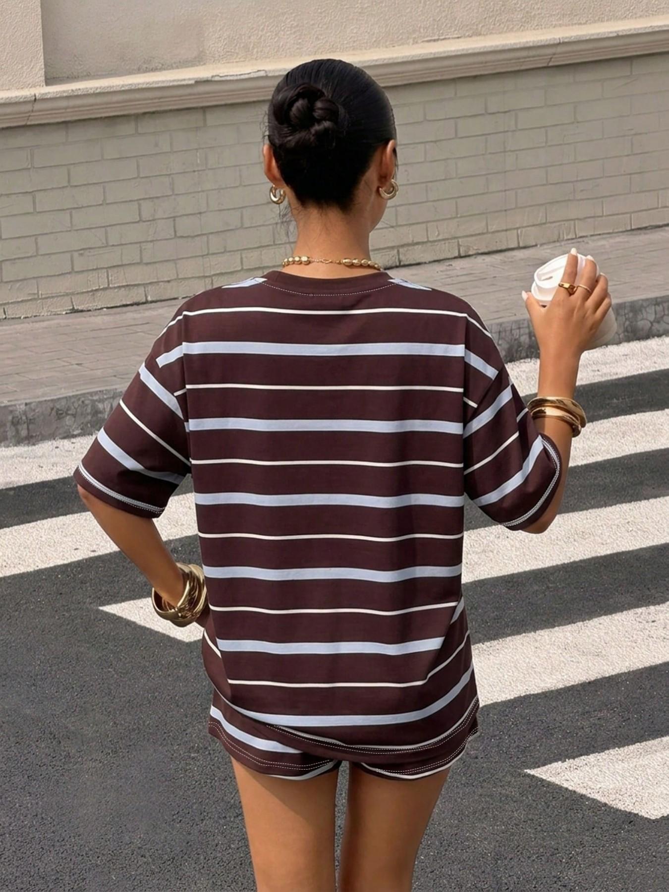 Women Two Piece Loungewear Set, Multi Tone Striped Tee & Mini Shorts, Soft Stretch, Casual Streetwear, Home, Comfortable Daily Wear
