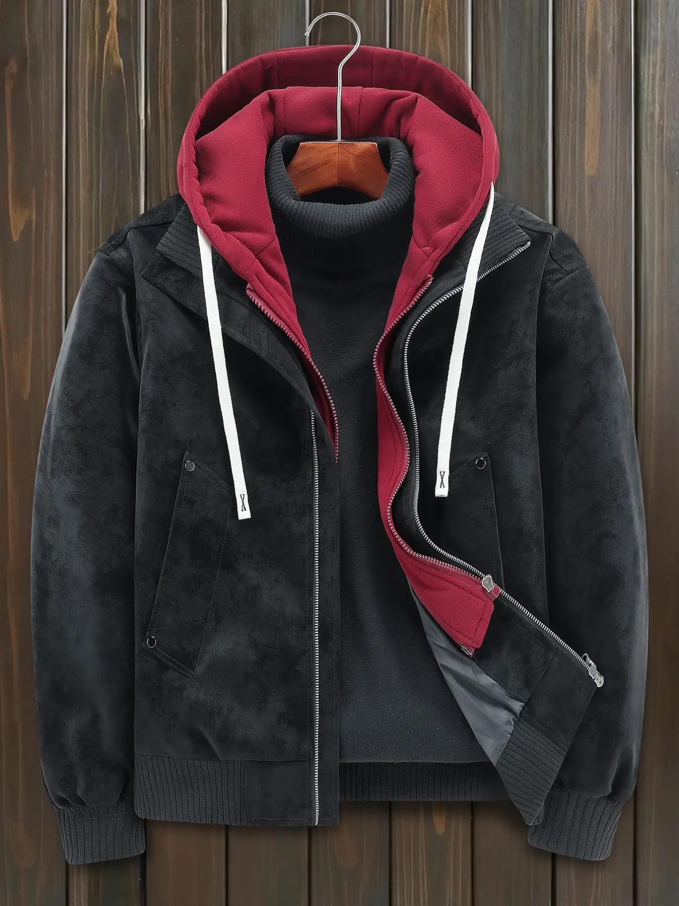 Men's Detachable Hood PU Jacket, Long Sleeve Loose-Fit Outerwear, Casual Zip Closure, Ideal for Daily and Outdoor Wear, Multiple Colors Available