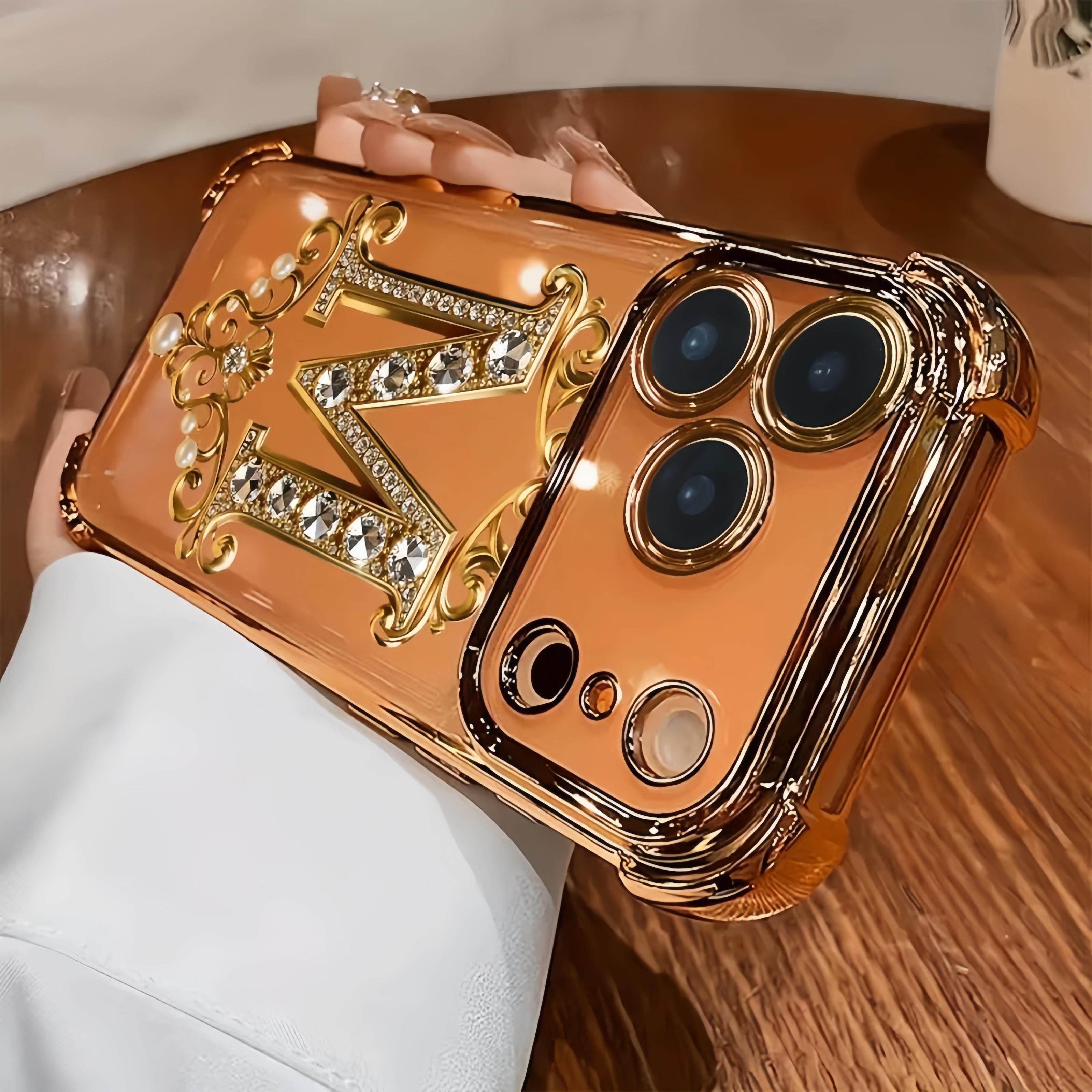 TPU Full-Coverage Lens Protective Cellphone Casing - Luxury Diamond & Gold "M" Design, Shockproof, Non-Slip, Multi-Model for iPhone 17,16,15,14,13,12,11,XS,X Series, Handheld Phone Accessory, Ideal Gift