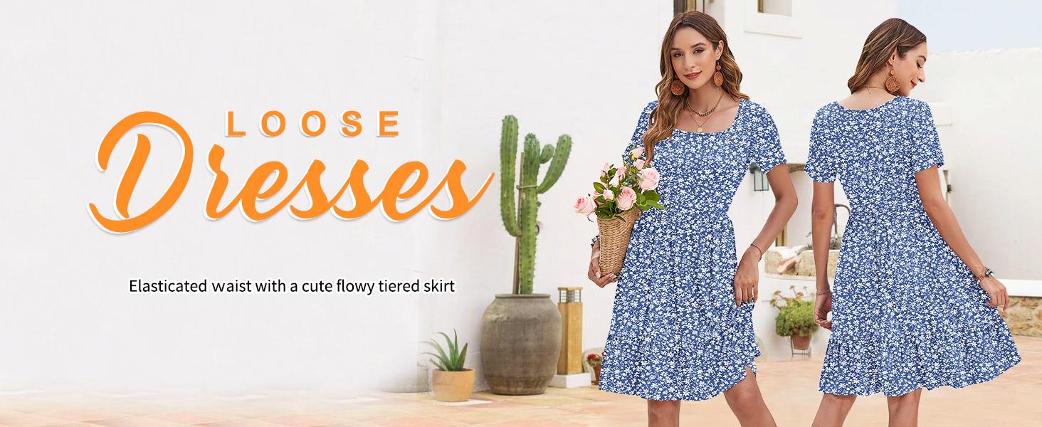 AUSELILY Womens Square Neck Dresses Ditsy Floral Print Short Sleeve A-Line Ruffle Empire Waist Sundress with Pockets 2026 Shortsleeve SpringStatements