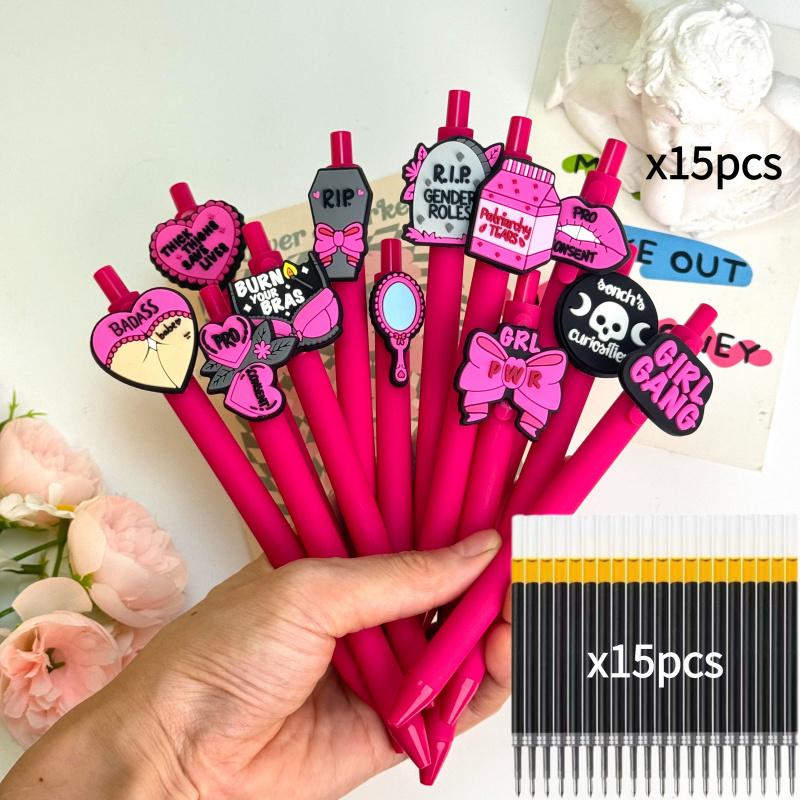 30/50Pcs black and pink contrasting color theme press-action gender-neutral pen, personalized silicone patch design, female power office writing signature ballpoint pen (15/25 pen + 15/25 refill)
