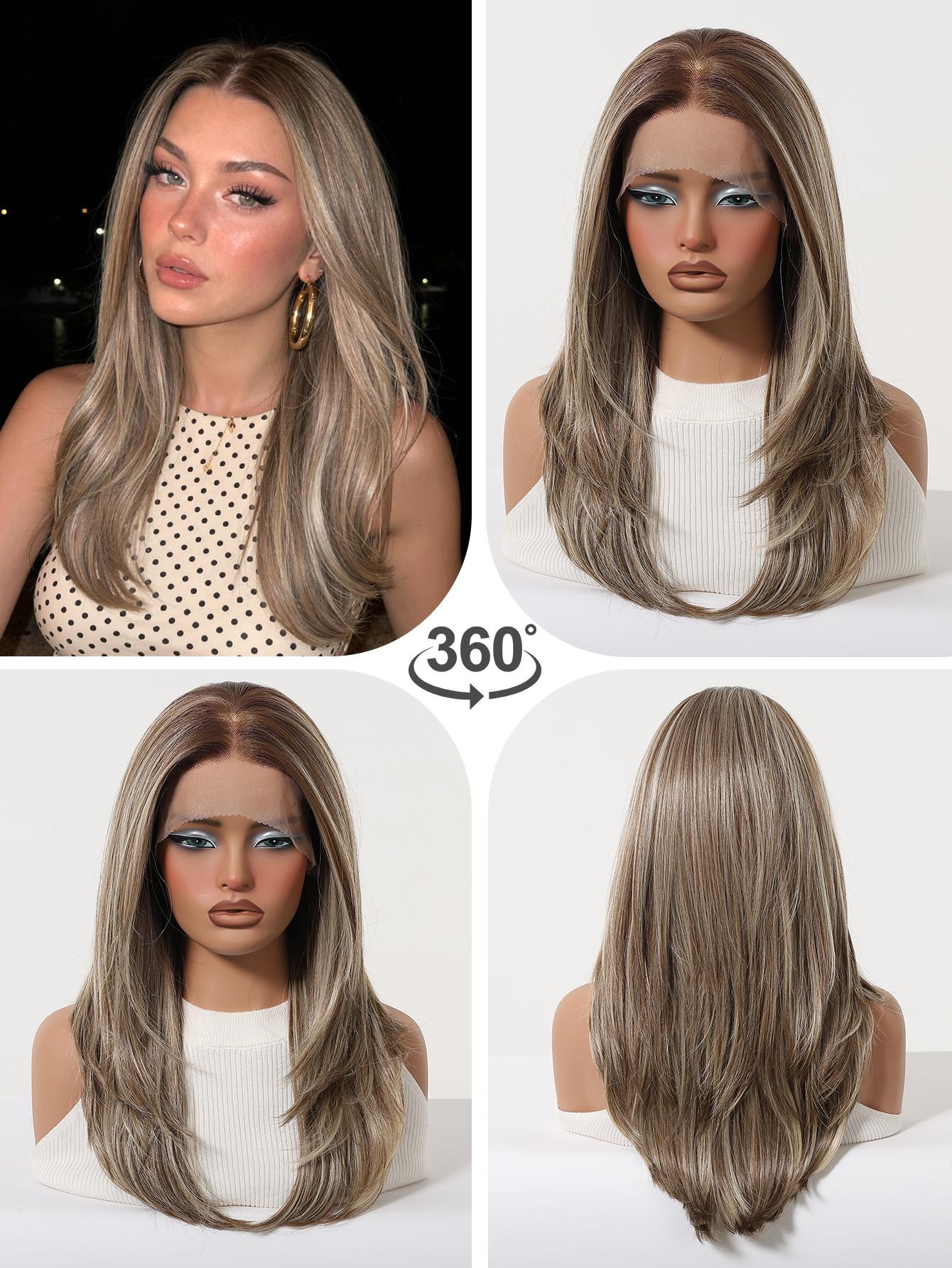 Topshe Hot Selling 13×6 Wide Lace Front Long Layer Straight Wig, Chestnut Brown With Ice Ash Balayage Highlights, Pre Plucked Natural Baby Hairline, Futura Heat Resistant Synthetic Fiber, Glueless Wear & Go For Daily Makeup, Party & Photoshoot