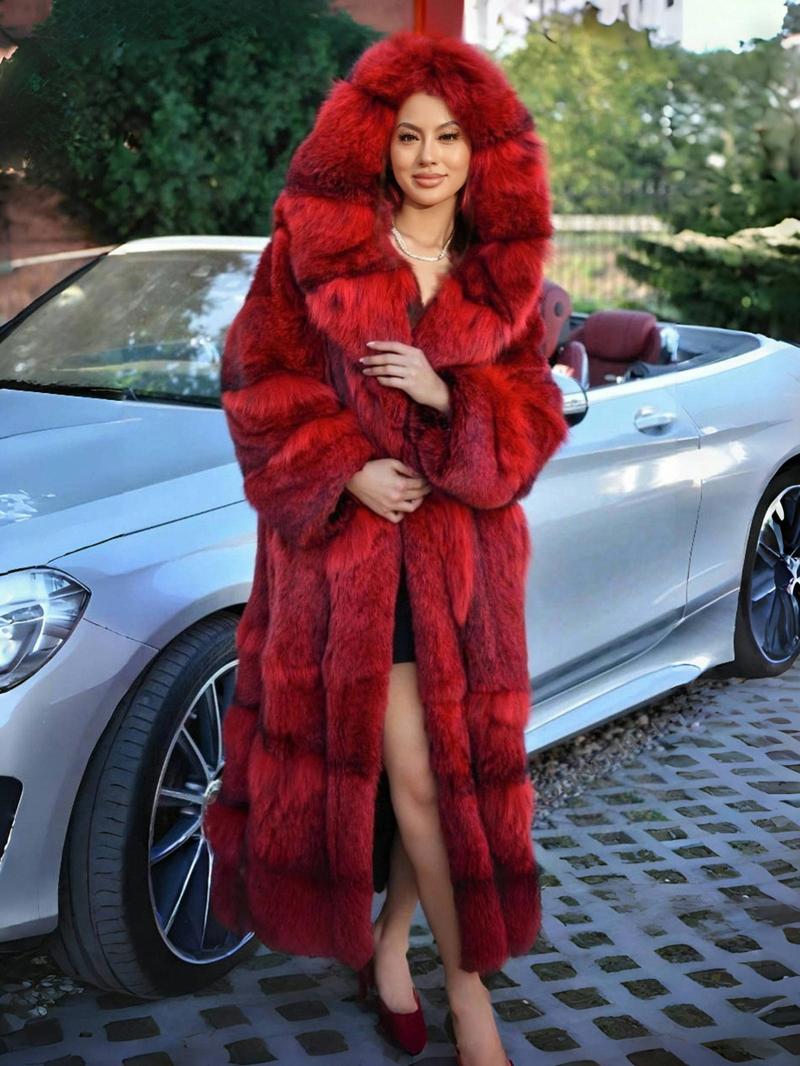 Women's Faux Fur Coat, Elegant Long Sleeve Hooded Design, Soft Fox Fur Patchwork, Loose-Fitting Winter Outerwear for Travel Christmas New Year