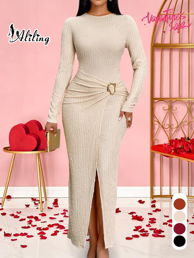 Aliling Women For Dresses Round Neck Long Sleeve Slim Fit Split Long Dresses Solid High Waist Bodycon Slim Female Elegant Party Clothing Casual