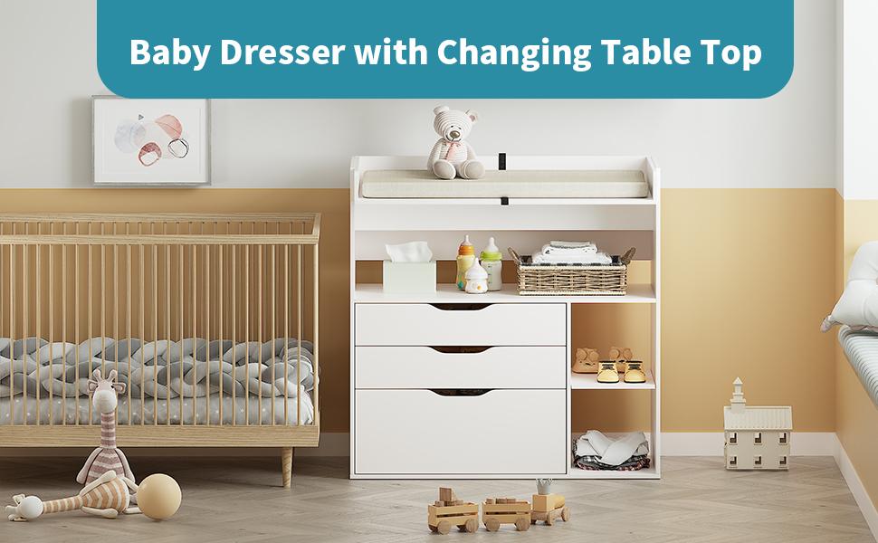 Linor Baby Changing Table Dresser with 3 Drawers and 3 Storage Shelves, Can be Used as a Baby Dresser with Changing Table Top, a Baby Changing Station, a Wood Diaper Changing Station (White) Newborn Nursery
