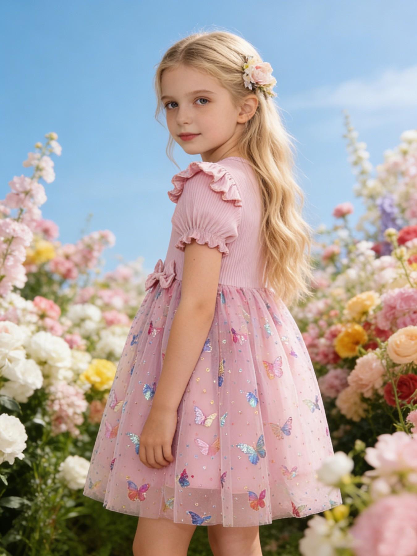 Sweet Style Girls' Dress, Flutter Sleeve Bow Design, Summer Mesh Princess Dress, Cute Floral Pattern, Slim-Fitting, Perfect for Kids
