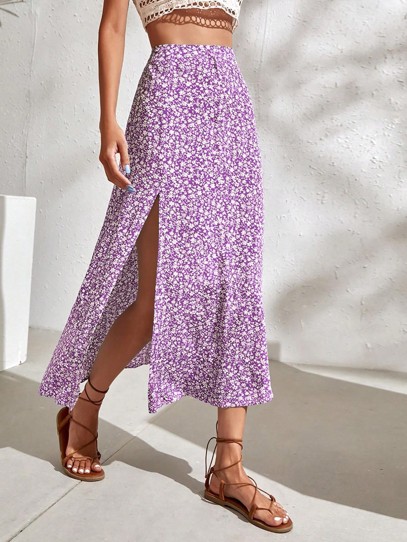 Women's Ditsy Floral Print Split Thigh A Line Skirt, Boho Bohemian Casual High Waist Midi Skirt for Beach Holiday Vacation, Summer Outfits 2024, Ladies Summer Clothes, Womenswear Bottom