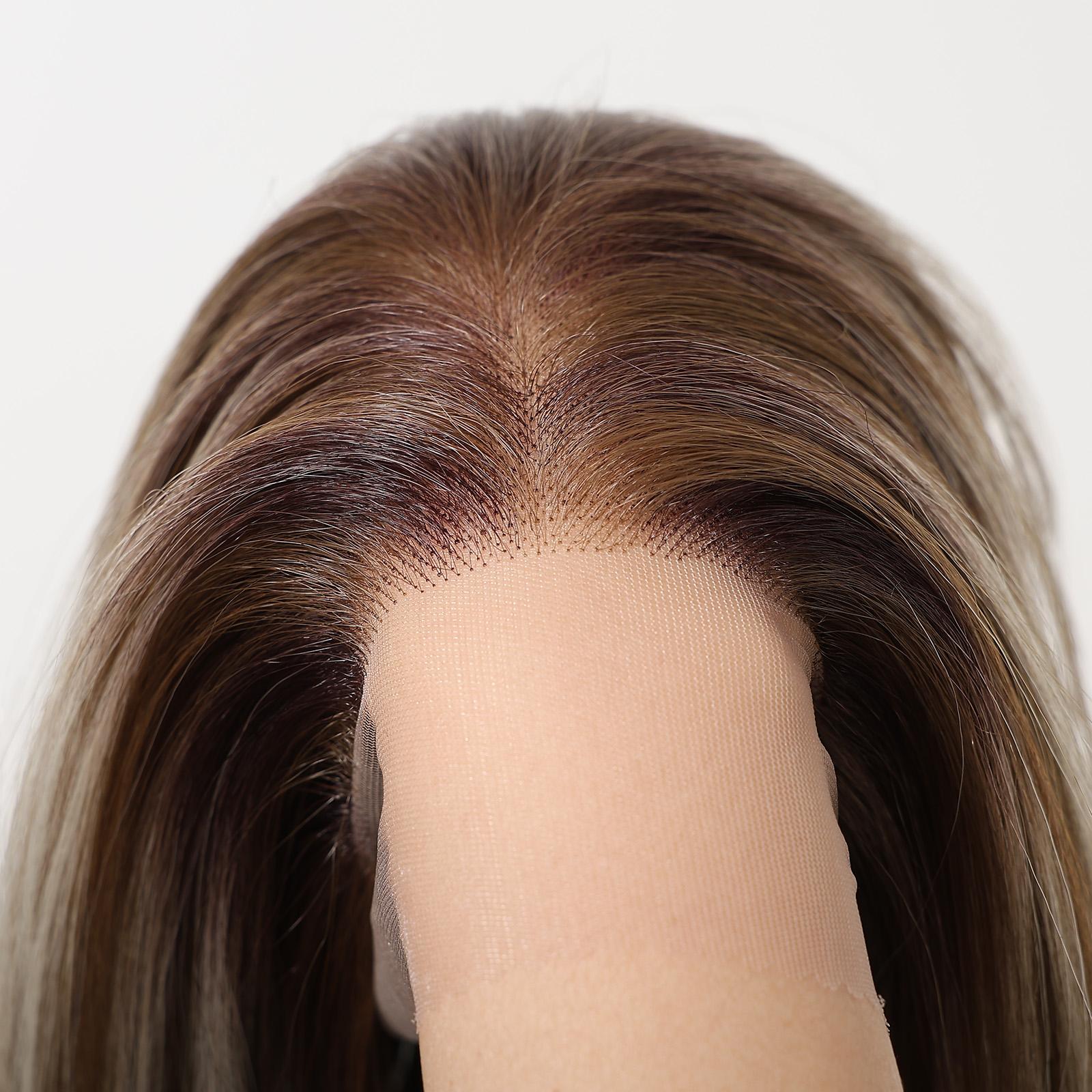Topshe Hot Selling 13×6 Wide Lace Front Long Layer Straight Wig, Chestnut Brown With Ice Ash Balayage Highlights, Pre Plucked Natural Baby Hairline, Futura Heat Resistant Synthetic Fiber, Glueless Wear & Go For Daily Makeup, Party & Photoshoot