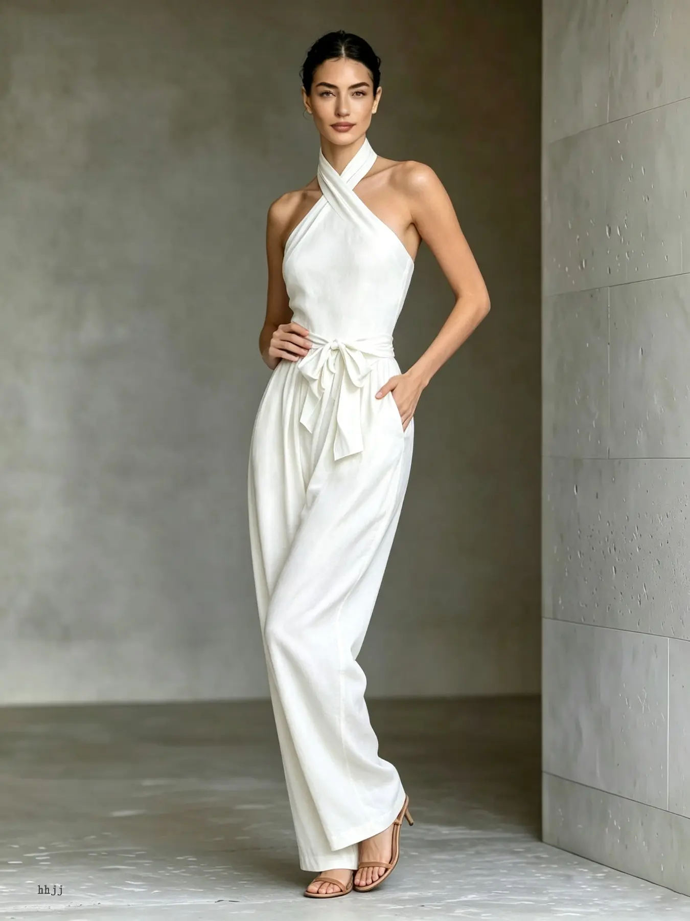 Minimalist Women's Halter Sleep Jumpsuit, Loose Fit Wide Leg Home Wear, High Waist Tie Front, Elegant Plain Style