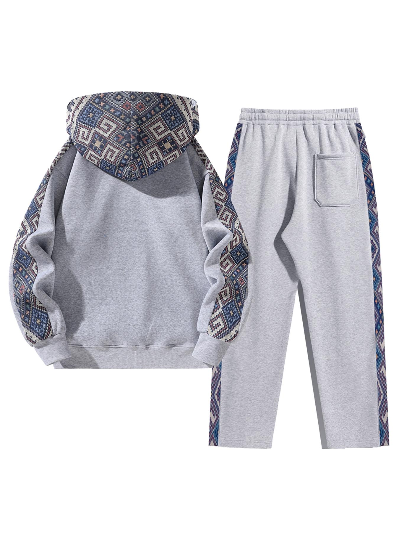Men's Two-Piece Sport Set, Ethnic Pattern Hoodie & Straight Leg Pants, Casual Style, Soft Fabric, Fall & Winter Wear, Streetwear Tracksuit Set, Sweat Suit
