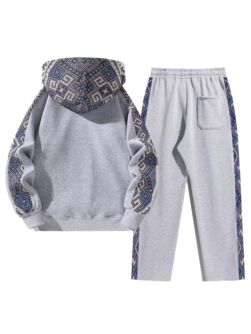 Men's Two-Piece Sport Set, Ethnic Pattern Hoodie & Straight Leg Pants, Casual Style, Soft Fabric, Fall & Winter Wear, Athleisure Wear Set