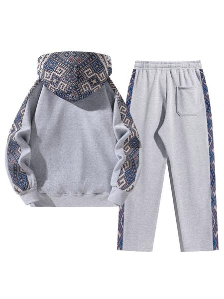 Men's Two-Piece Sportswear Set, Ethnic Pattern Hoodie & Straight Leg Pants, Comfortable Soft Fabric, Casual Outdoor Wear, Streetwear Tracksuit Set