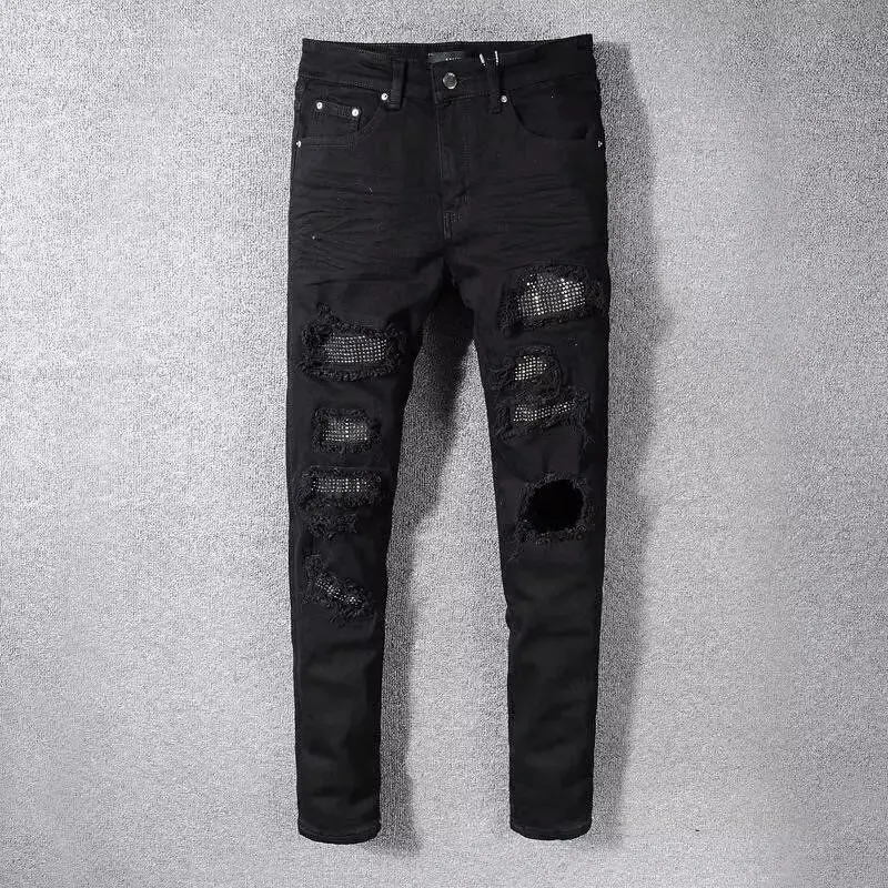 Jeans for Man Original 2025 High Street New Black Ripped Patch Jeans Men's  Elastic Slim-fit Small Feet Pants Skinny Jeans