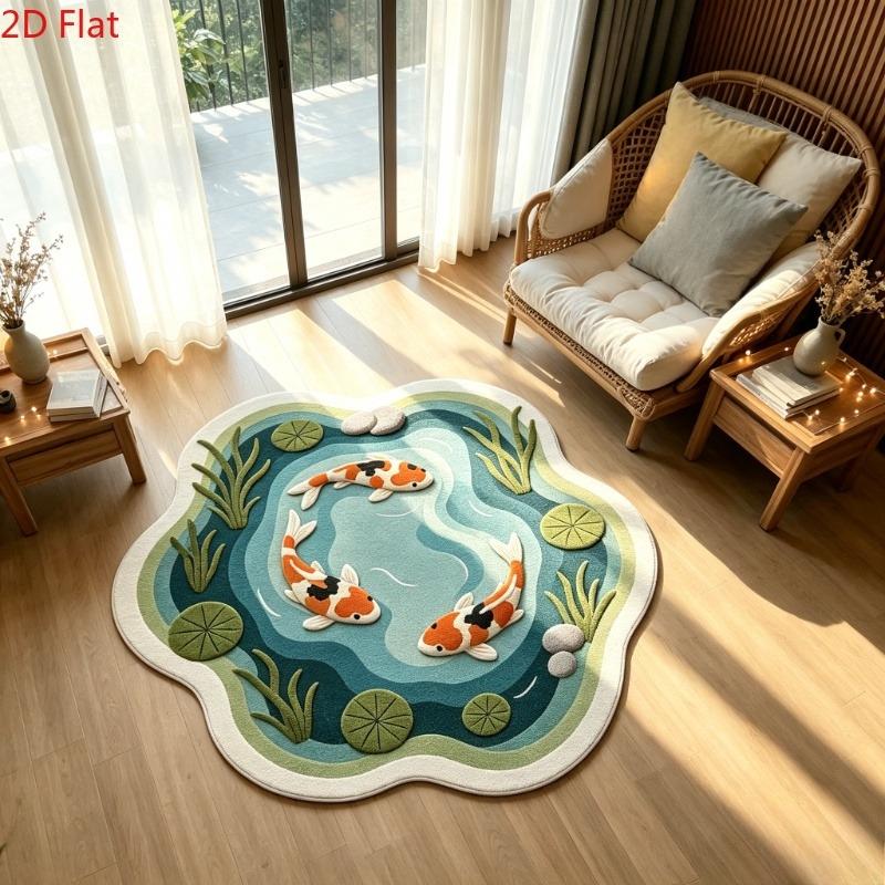 Koi & Lotus Pond Pattern Plush Area Rug, Home Decor Rugs, Decorative Rug, Special-Shaped Non-Slip Washable Floor Mat for Bedside, Sofa and Coffee Table, Bedroom Rugs