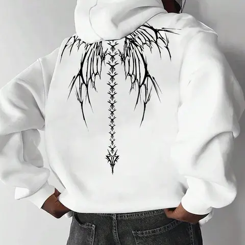 Men's Wings Skeleton Print Drop Shoulder Aesthetic Hoodie, Fashion Casual Regular Fit Drawstring Pocket Hooded Sweatshirt for Daily Holiday Outdoor Wear, Men Clothes for Fall & Winter, Graphic Print Hoodie