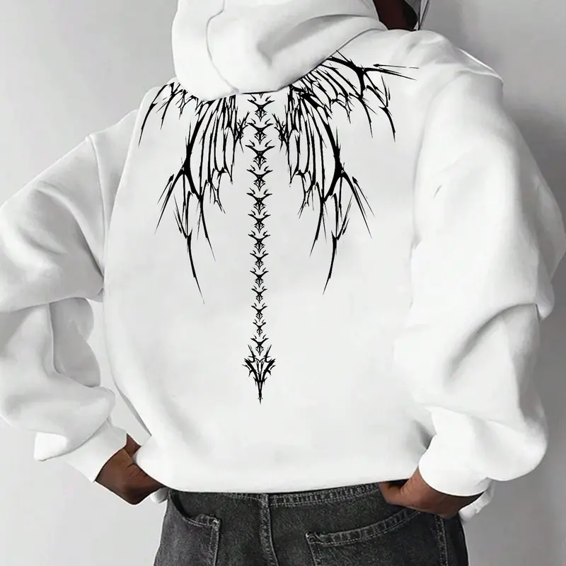 Men's Wings Skeleton Print Drop Shoulder Aesthetic Hoodie, Fashion Casual Regular Fit Drawstring Pocket Hooded Sweatshirt for Daily Holiday Outdoor Wear, Men Clothes for Fall & Winter, Graphic Print Hoodie