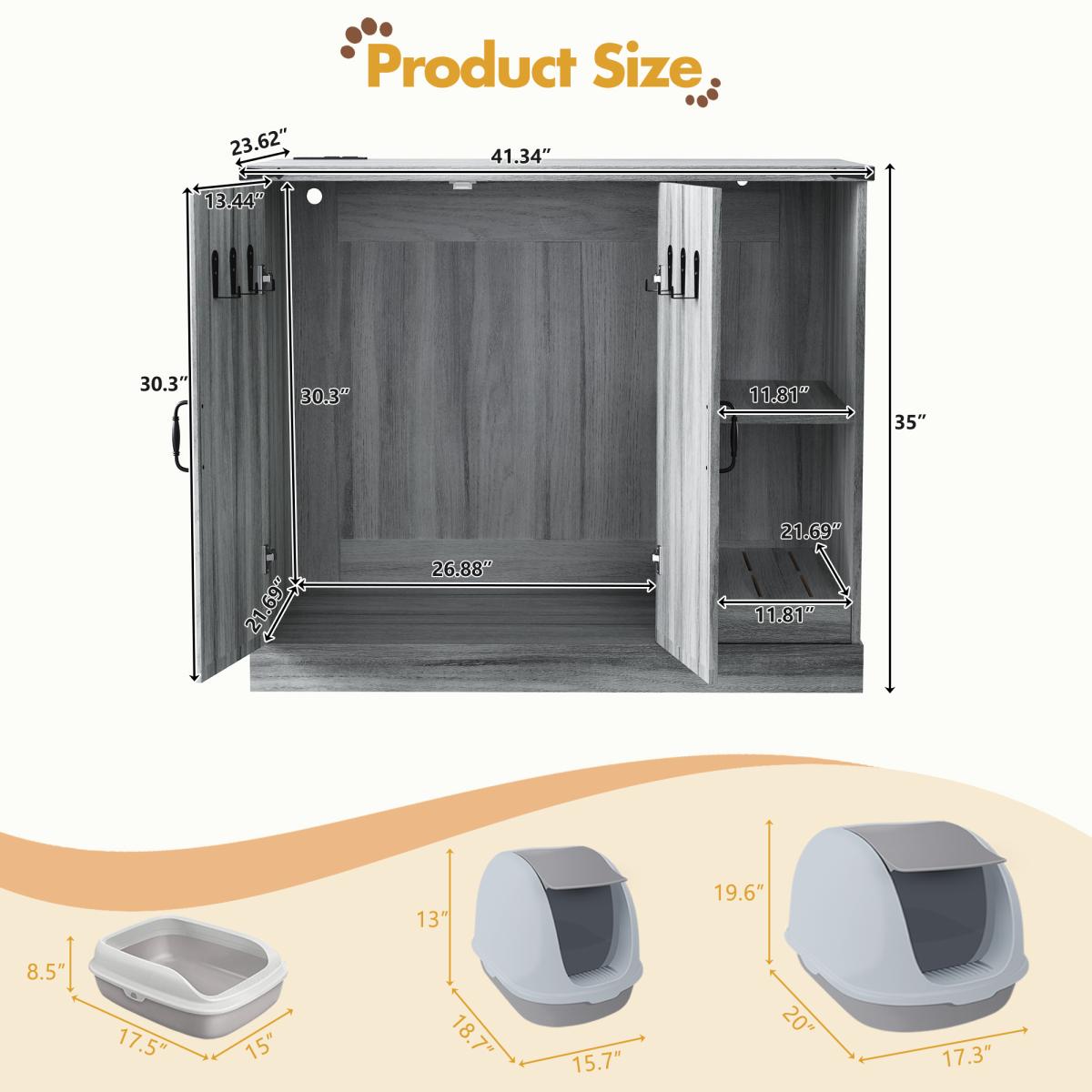 Cat Litter Box Cabinet with Power Outlet, Modern Litter Box Furniture for Large Automatic Litter Boxes, Hidden Litter Box Enclosure with Litter Catcher, Adjustable Storage Shelves, Gray