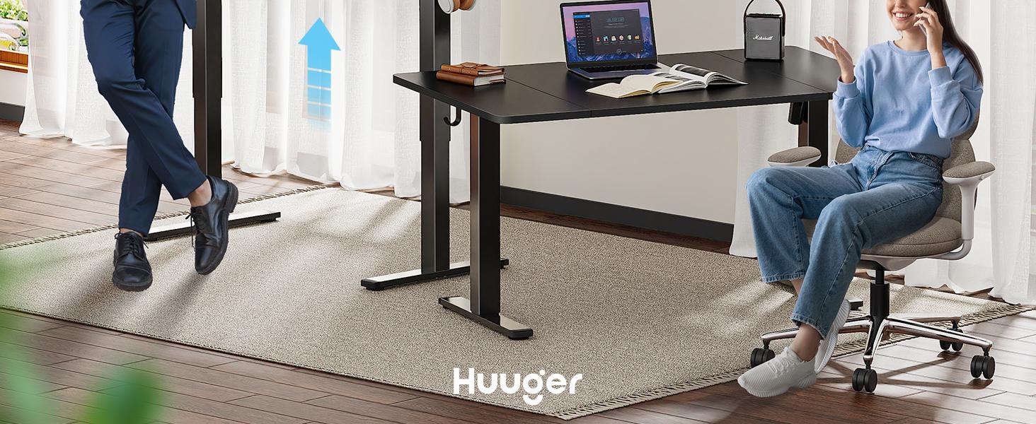 Huuger 48/55 Inch Electric Standing Desk, Stand up Desk, 27.6" Deep Desktop, 28.3" to 46.5" Height Adjustable Desk, Computer Desk with 2 Hooks, 3 Preset Heights, Office Desk