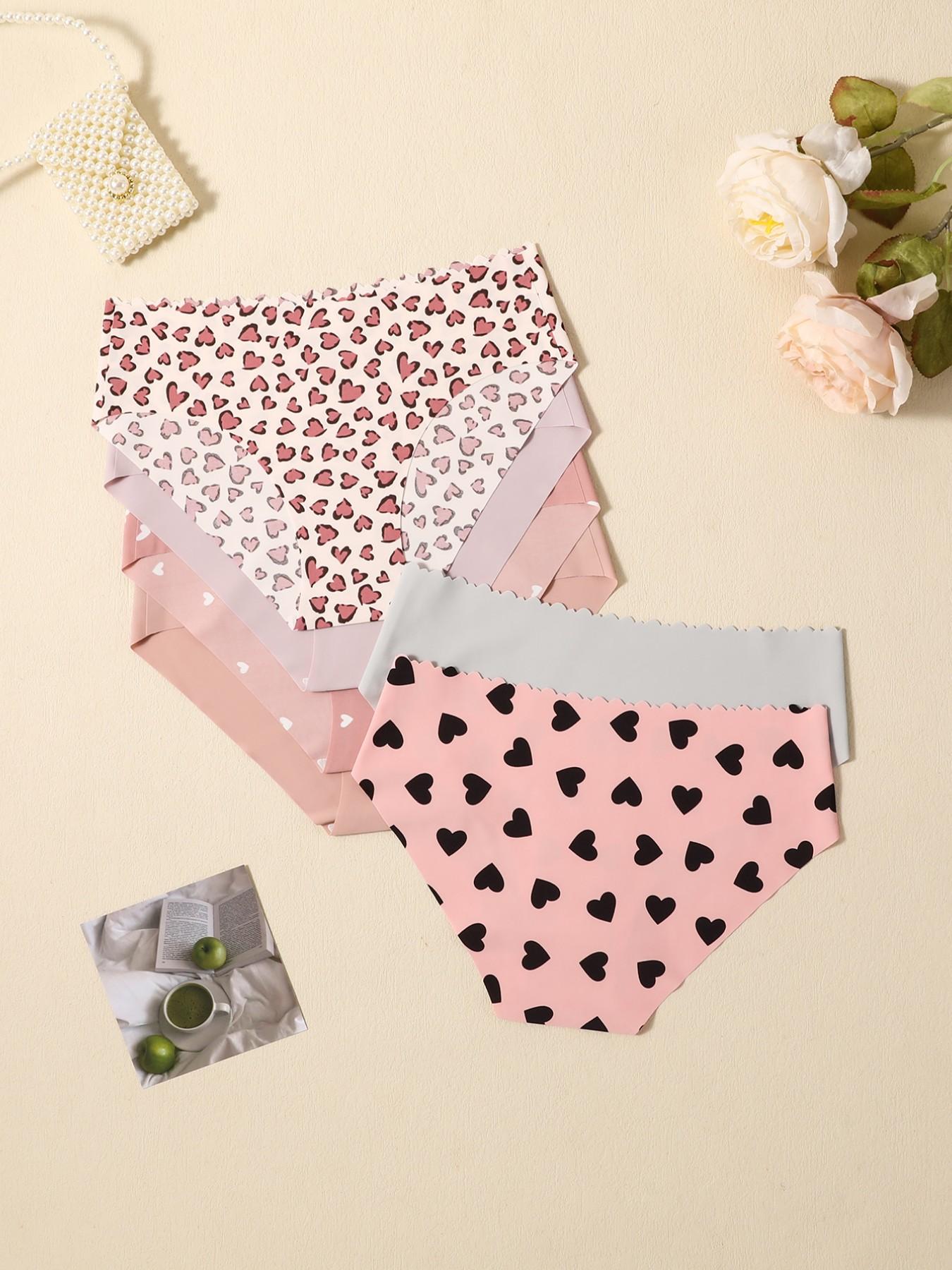 Women's Heart Print Panties, Soft Comfortable Invisible Fit, Triangle Underwear Set, 6 Pieces, Skin-Friendly