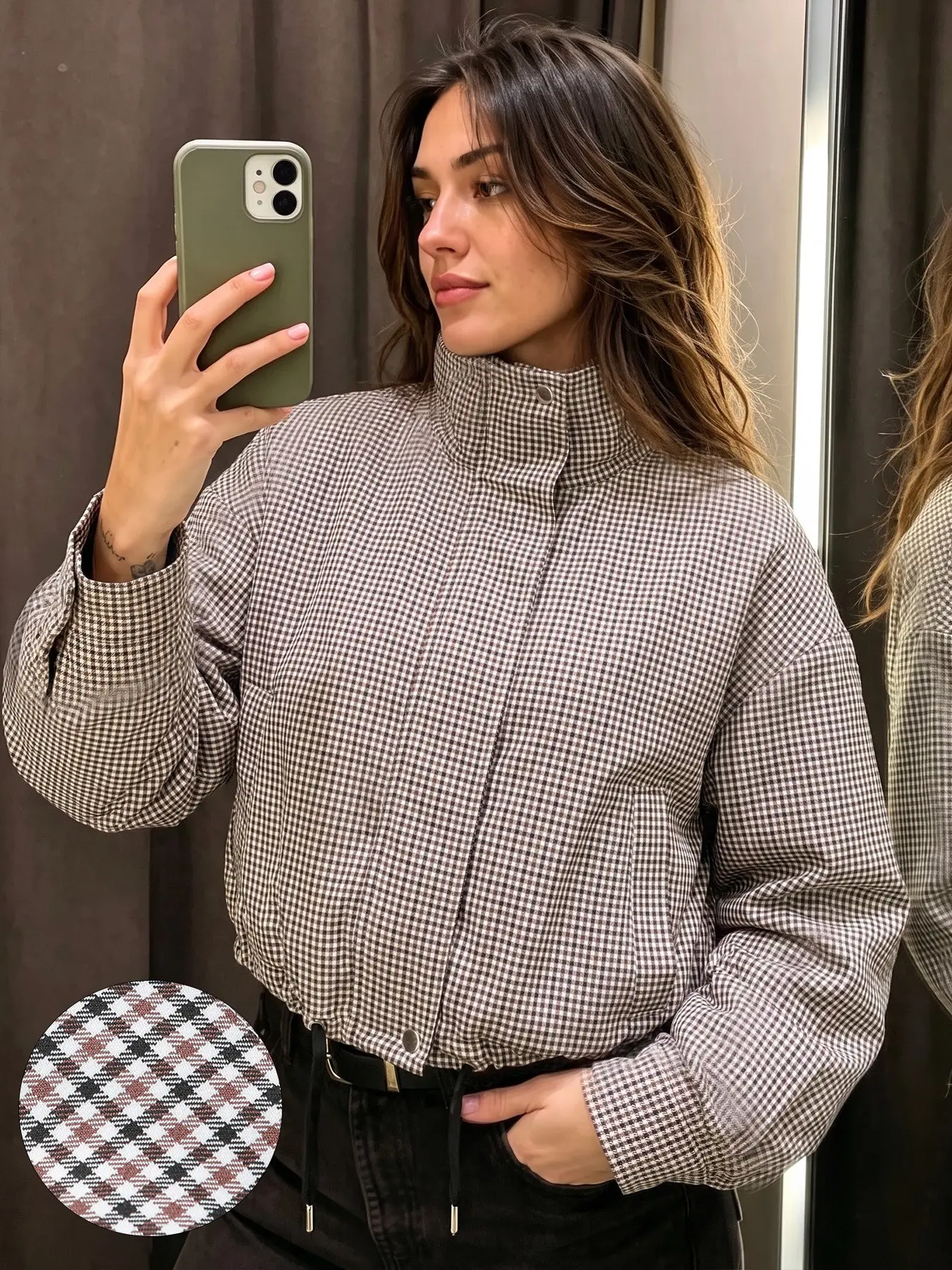 Women's Retro Plaid Gingham Cropped Jacket, Stand Collar Drawstring Hem Short Coat, Casual Outerwear For Fall Daily Street Wear