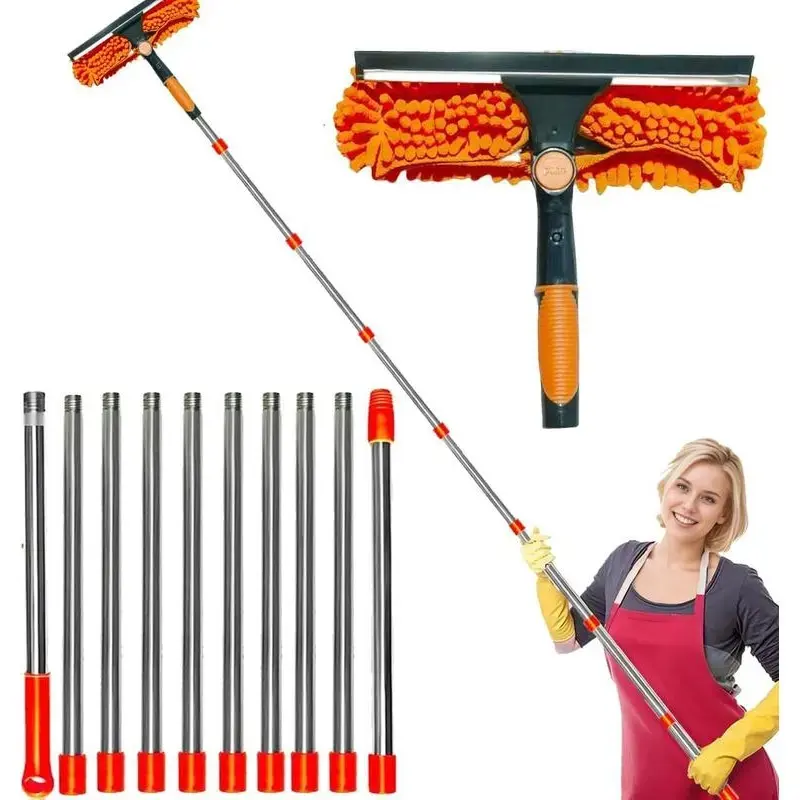 2-in-1 Squeegee Window Cleaner Kit - Plastic Multifunctional Reusable Tool, 3-14 ft Telescopic Extendable Long Push Pole, Indoor/Outdoor Home Cleaning Supplies, Extendable Pole Squeegees