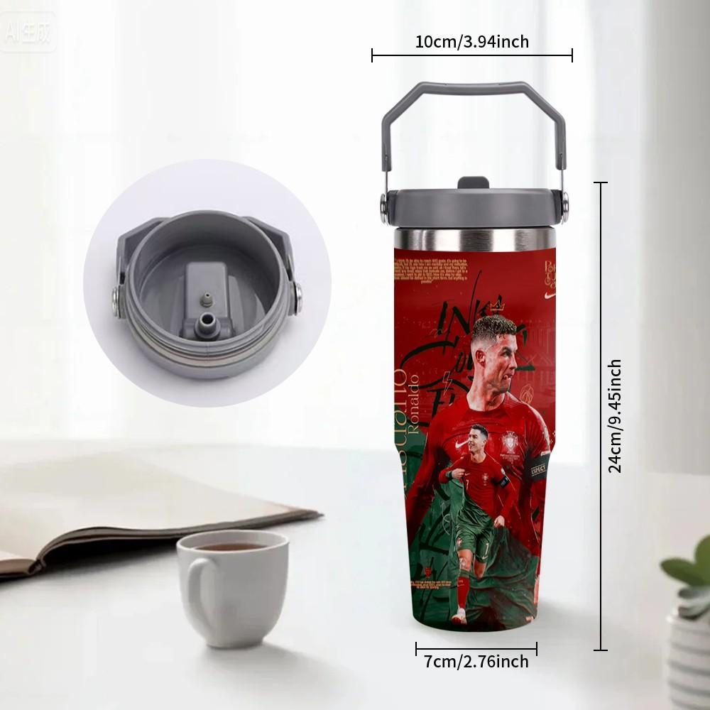 1pc C Ronaldo Print Insulated Travel Mug Tumbler, Long-Lasting Heat and Cold Retention, Stainless Steel Thermal Reusable Cup, Ideal for Fishing, Camping, Office