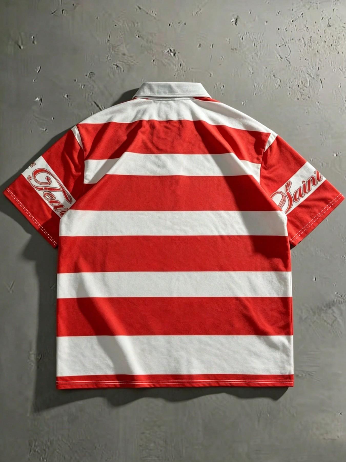 Men's Red White Stripe Contrast White Collar Praying Figure Trust God Print Short Sleeve Polo Shirt, Button Placket Detail Loose Fit Vintage Street Style Menswear Summer Casual Top