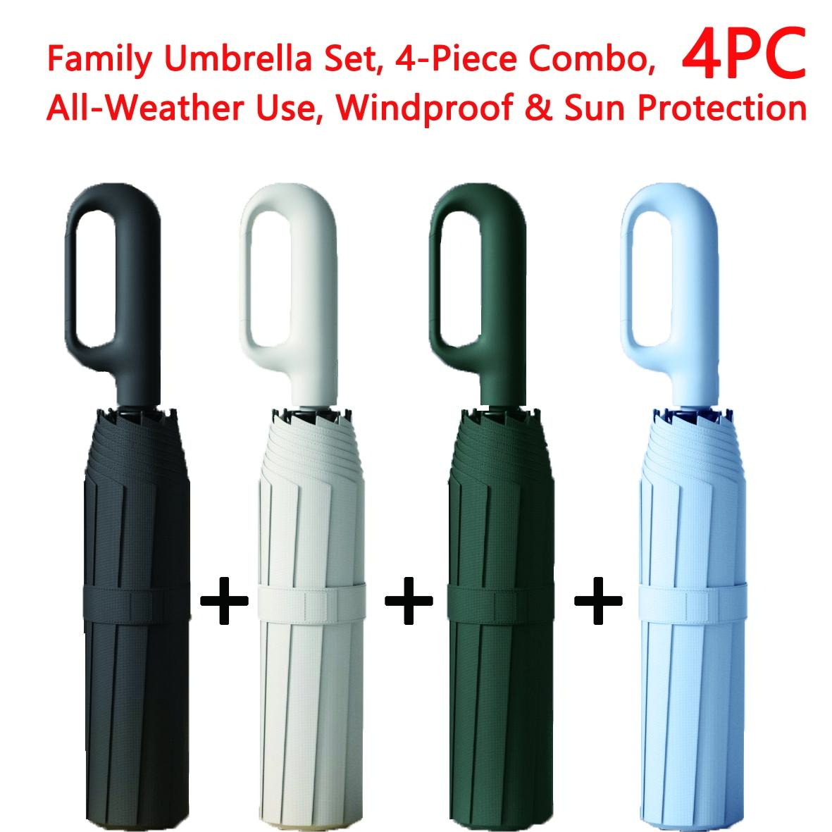 Creative Ring Handle 10k Dual Bone Rain Umbrella Set, Windproof Waterproof, Portable Design, Automatic Opening, Four-Piece Combination, Folding Umbrella, Rainproof Umbrella