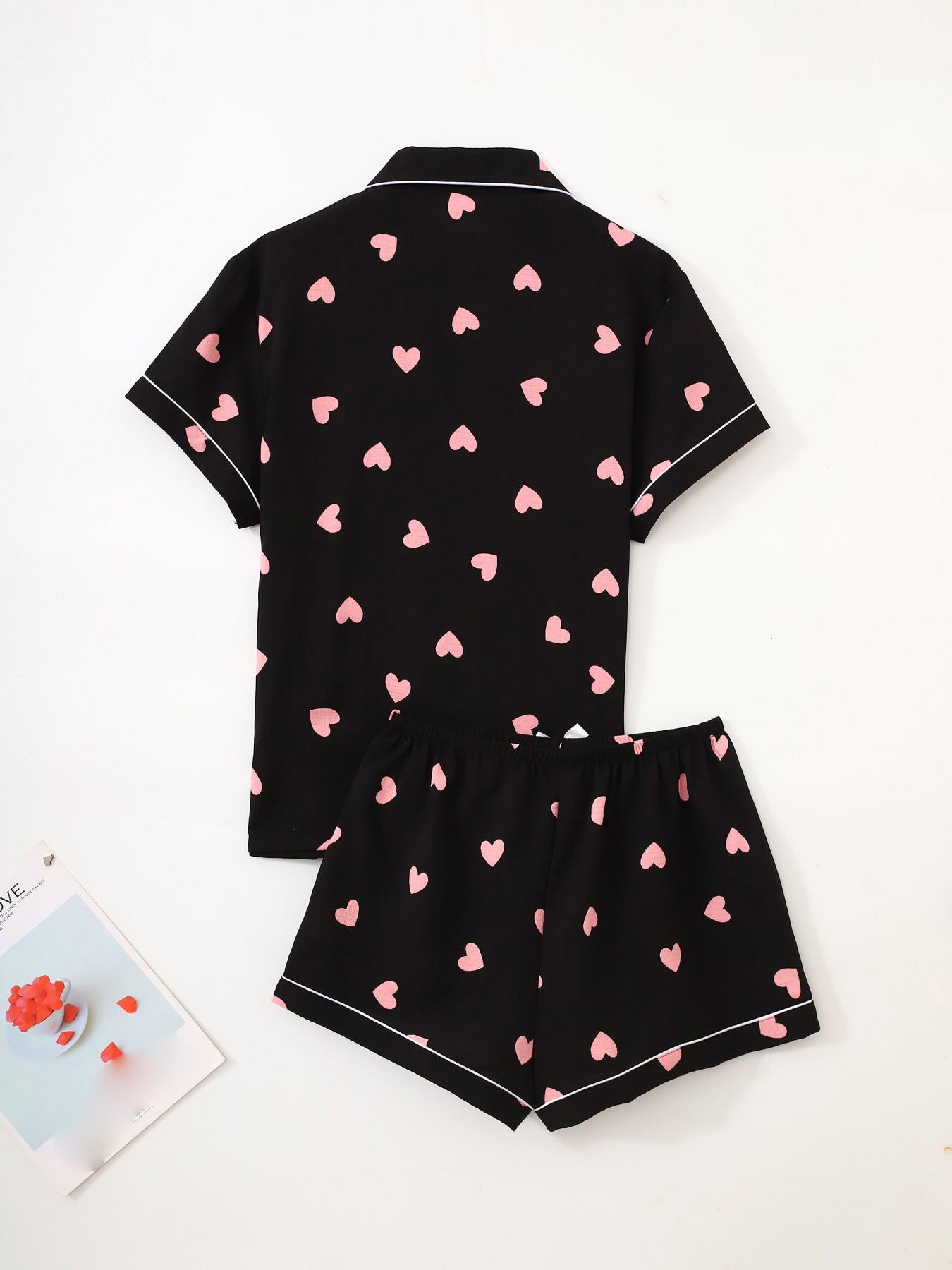 Women's 3-Piece Sleepwear Set, Short Sleeve Top & Shorts, Heart Butterfly Print, All-Seasons Casual Home Wear, Essential Daily, Loungewear Pjs Set