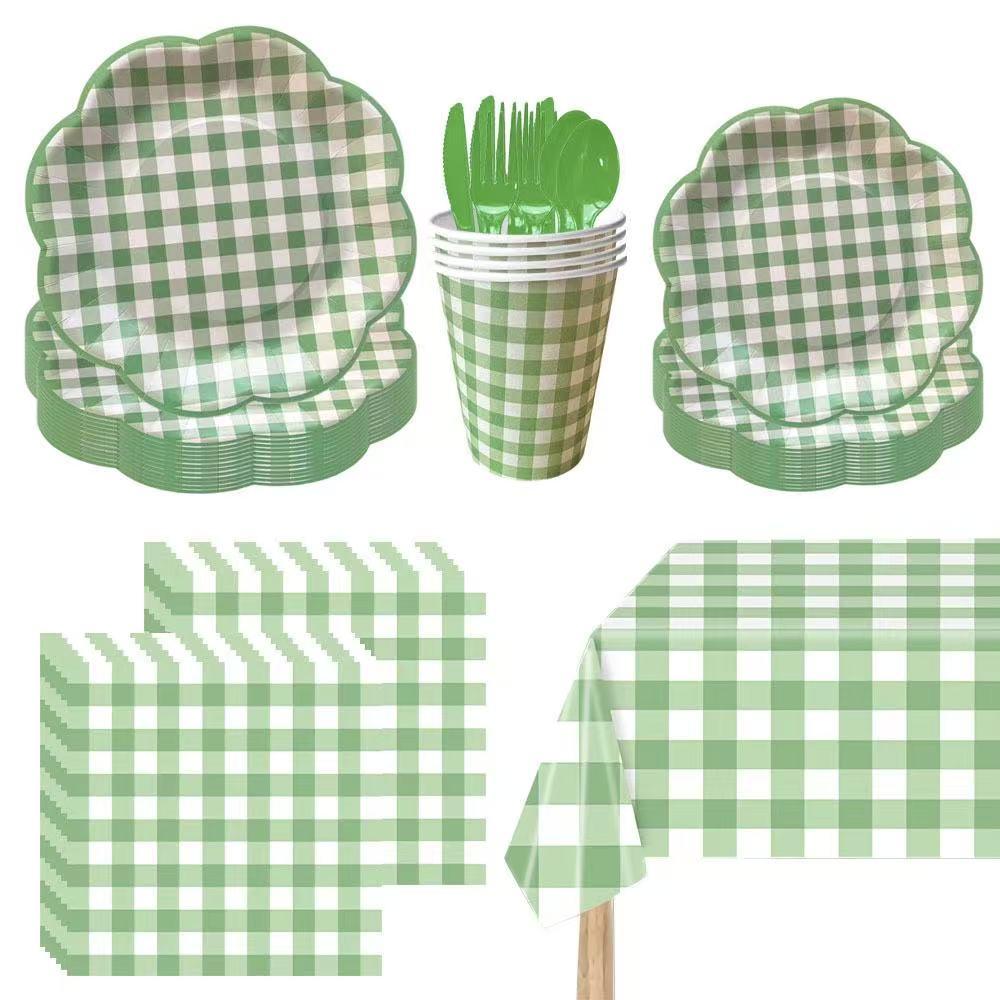 Party Supplies Set, 10-Person Plaid Design, Includes Tablecloth, Paper Plates, Cups, Napkins, Cutlery, Ideal for Birthday Parties