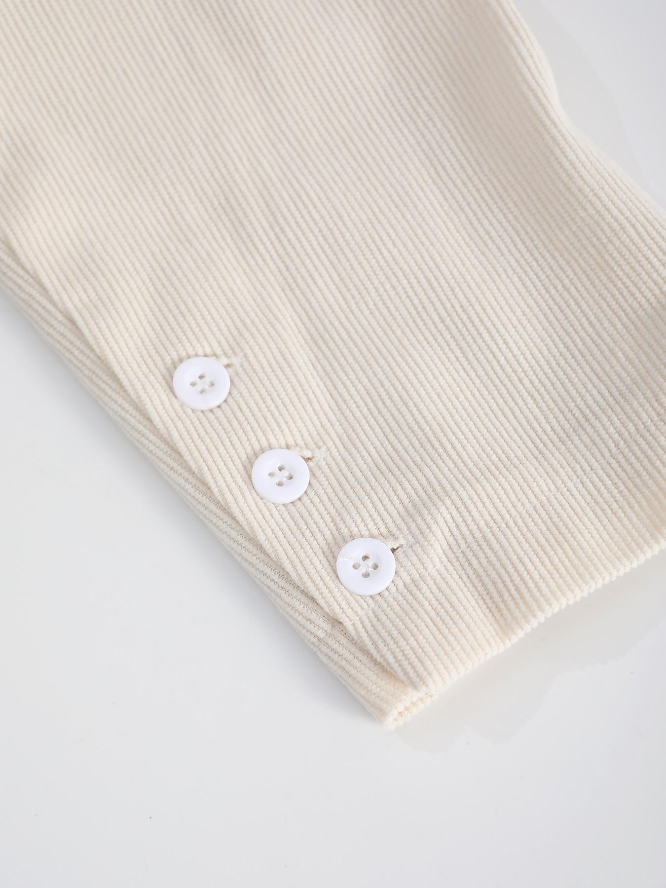 Men's Beige Corduroy 2-Piece Loungewear Set - Lapel Blazer-Style Shirt with Dual Chest Pockets + Elastic Drawstring Waist Pants, Soft Stretch Fabric, Relaxed Minimalist Plain Style, Perfect for At-Home Lounging, Casual Evenings & Seasonal Layering