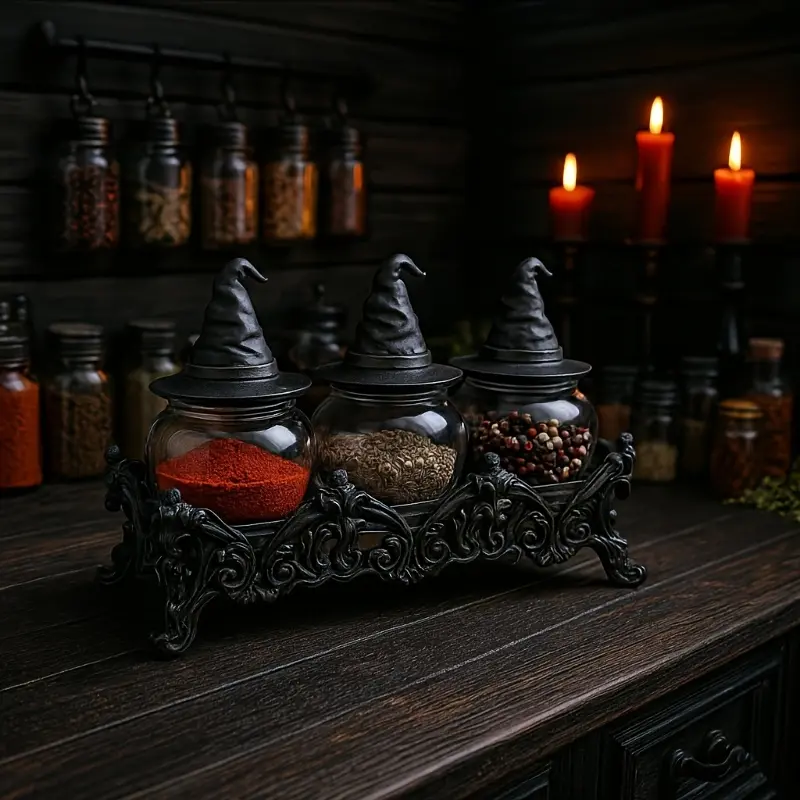 Three witch hat-shaped spice jars + base