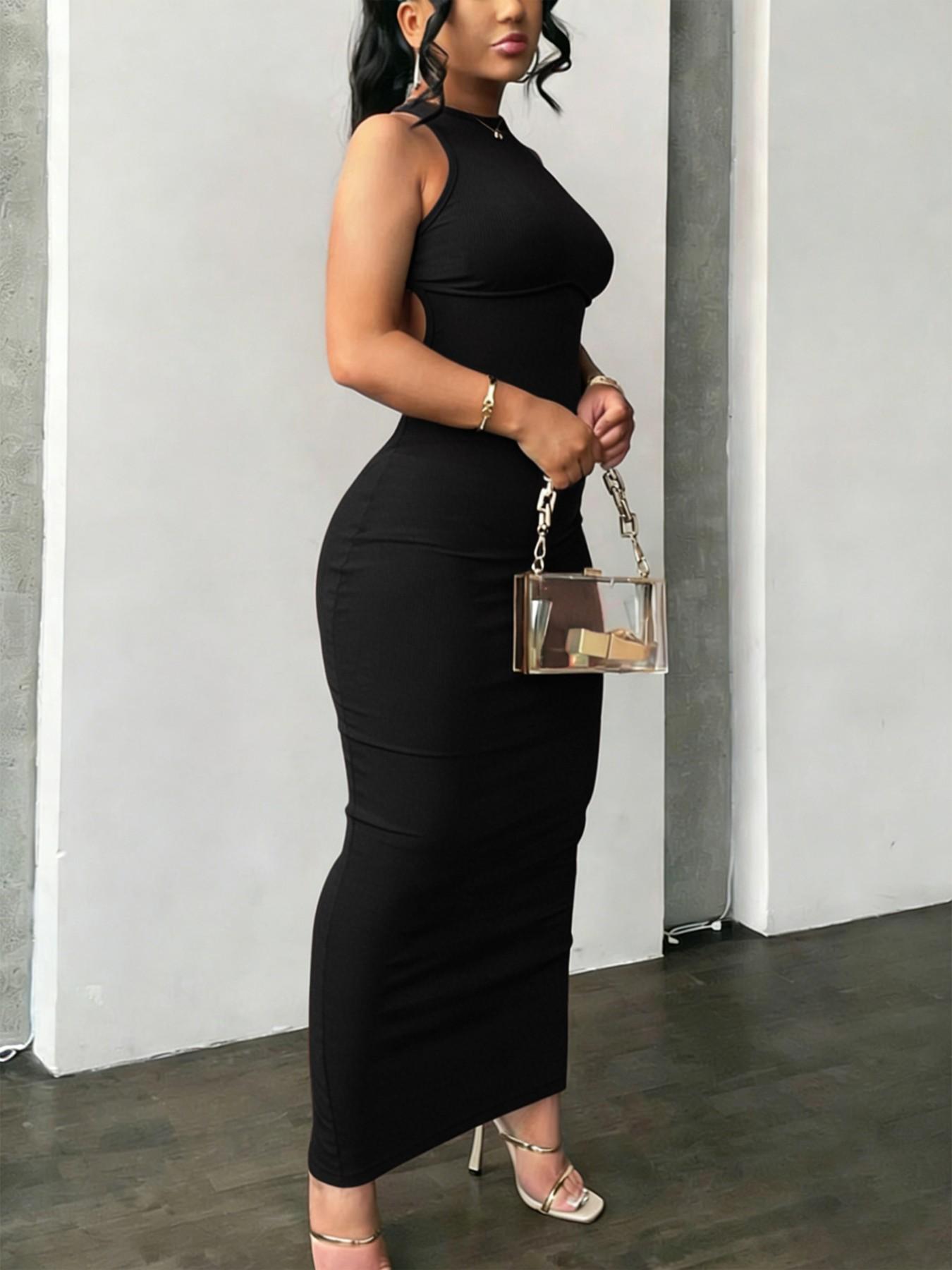 Women's Sexy Chic Off-Shoulder Midi Dress, Backless Criss Cross Design, Split Hem, High Stretch Fabric, Casual Long Sleeveless Dress