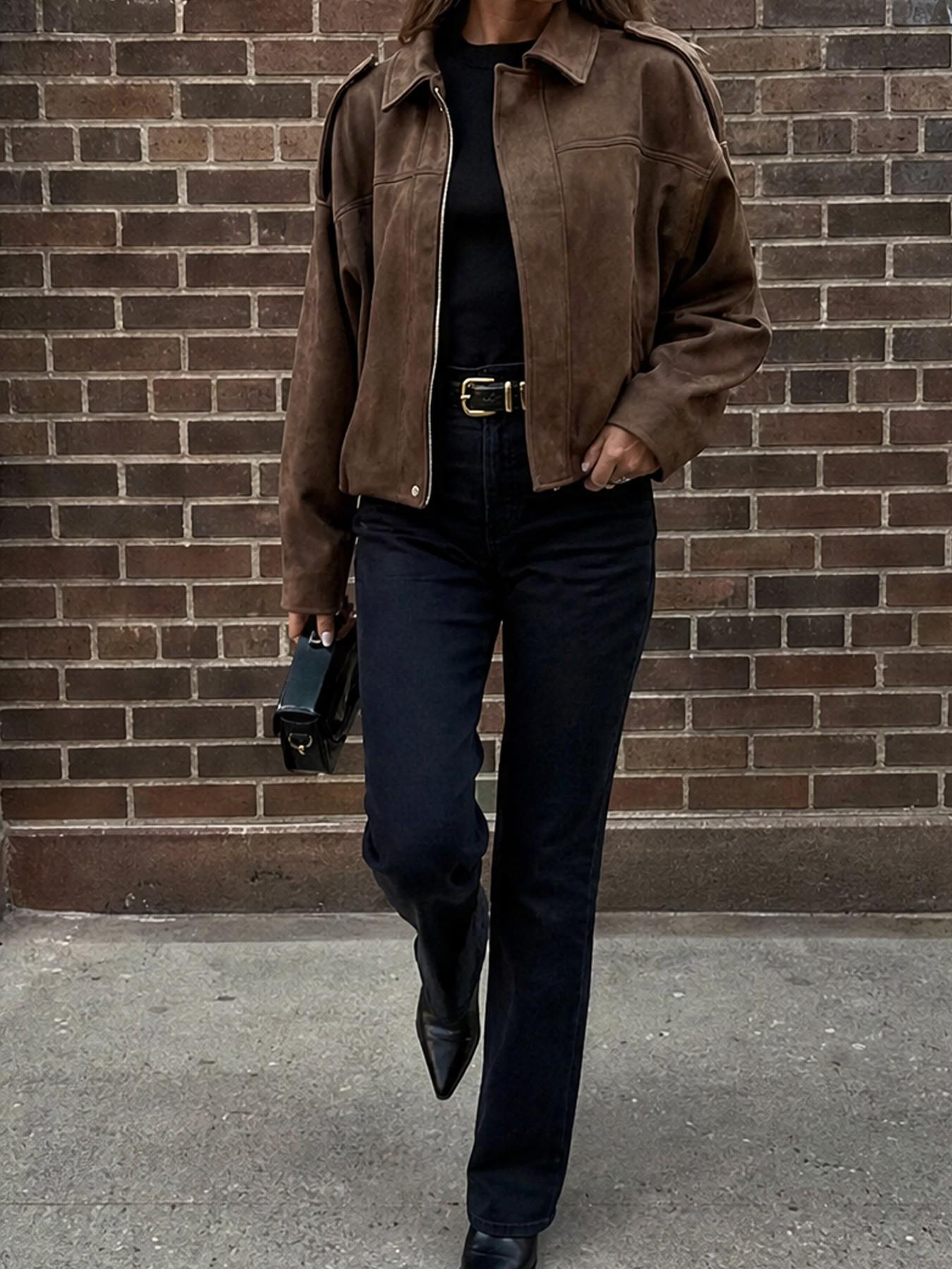 Women's Fashion Loose Short Zipper Jacket, Notched Collar Long Sleeve Pilot Coat, with Pockets, Essential for Autumn