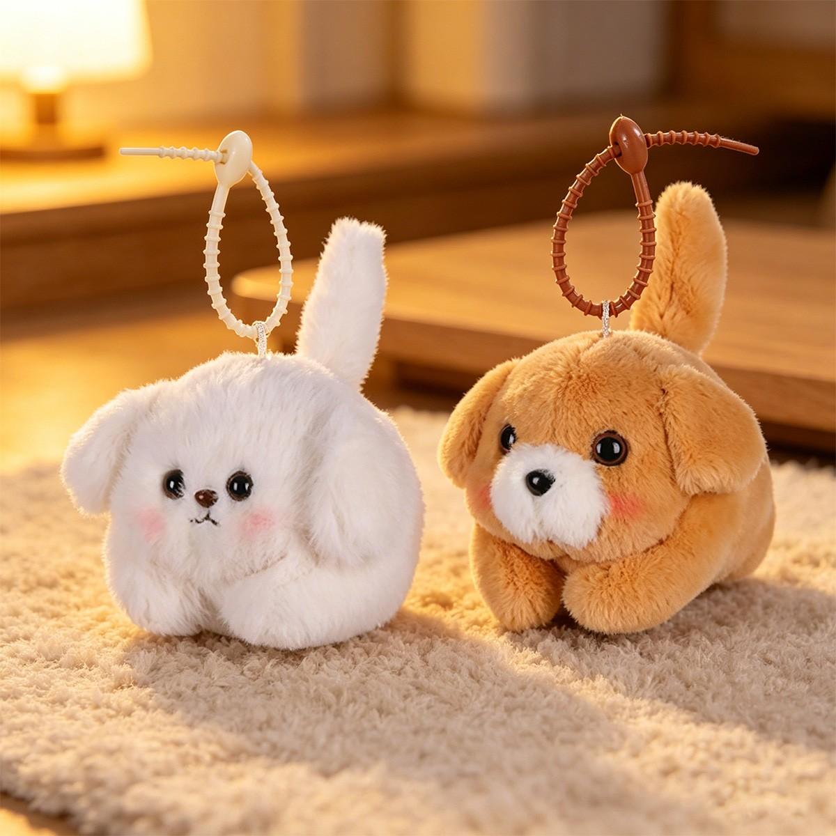 Plush Dog Keychain with Tail Wiggling Sound, Cute Bag Accessory Stress Relief Toy, Pull String Interactive Pet Gift