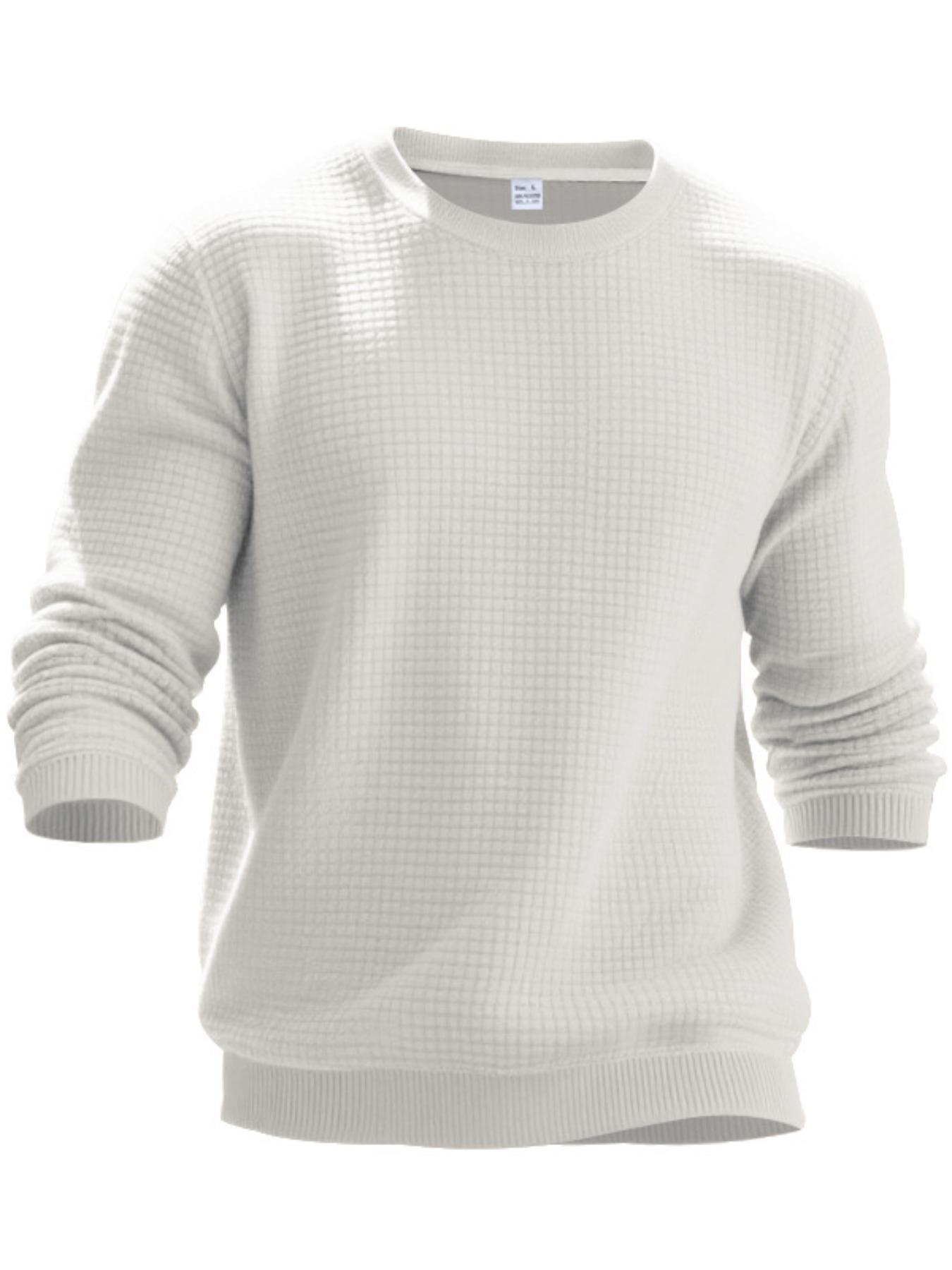 Men's White Waffle Knit Sweater, Crew Neck & Long Sleeve Design, Soft Breathable Cotton Blend for Spring Fall Casual, Office & Daily Wear – Slim Fit, Ribbed Cuffs/Hem, Thermal Texture, Classic, Crewneck