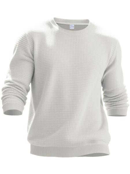 Men's White Waffle Knit Sweater, Crew Neck & Long Sleeve Design, Soft Breathable Cotton Blend for Spring Fall Casual, Office & Daily Wear – Slim Fit, Ribbed Cuffs/Hem, Thermal Texture, Classic, Crewneck