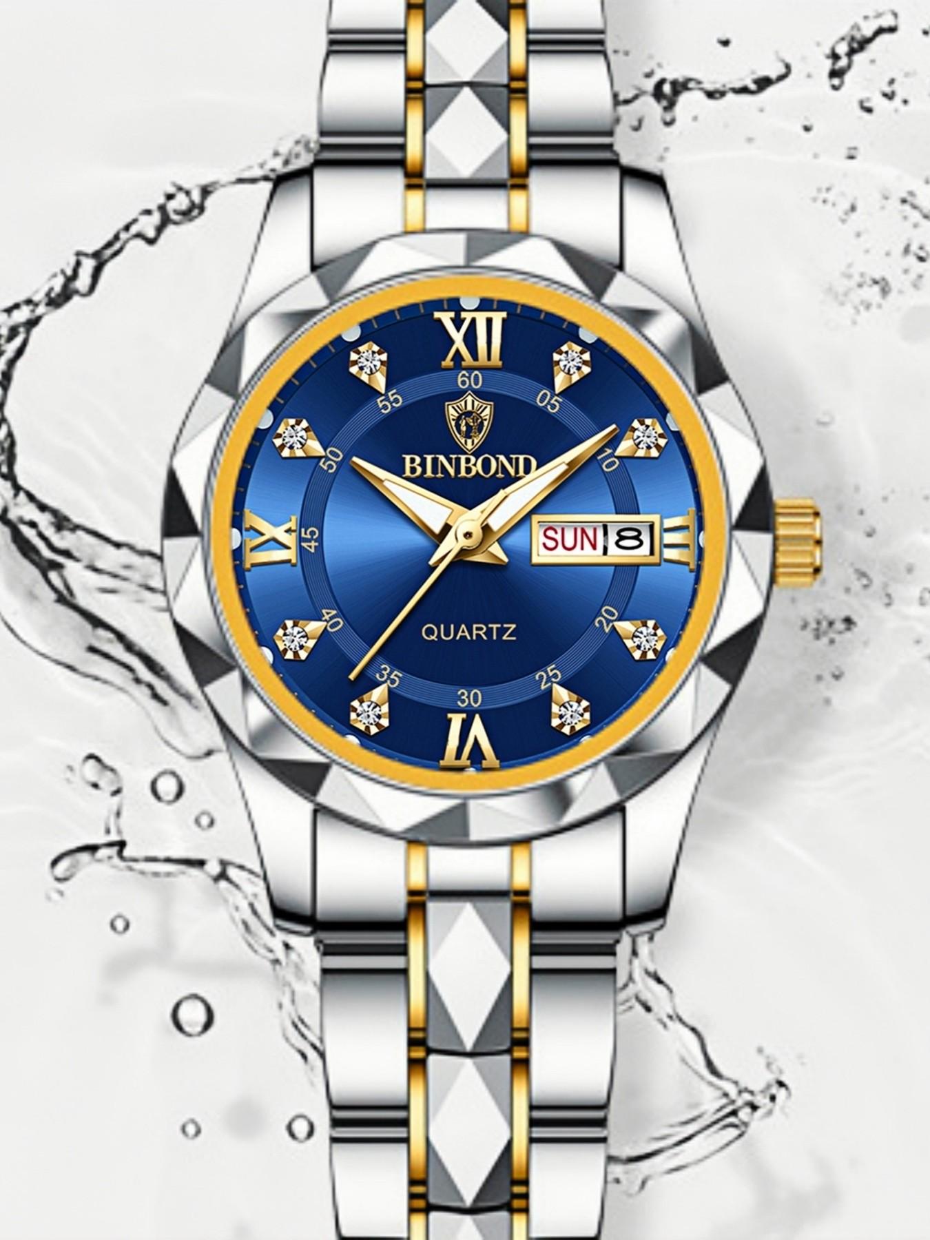 Women's Fashion Round Dial Stainless Steel Strap Quartz Watch, Rhinestone Decorated Watch, Rhinestone Embellished Watch, 30m Waterproof Watch with Calendar Function, Trendy All-match & Exquisite Watch for Birthday Gift with Box