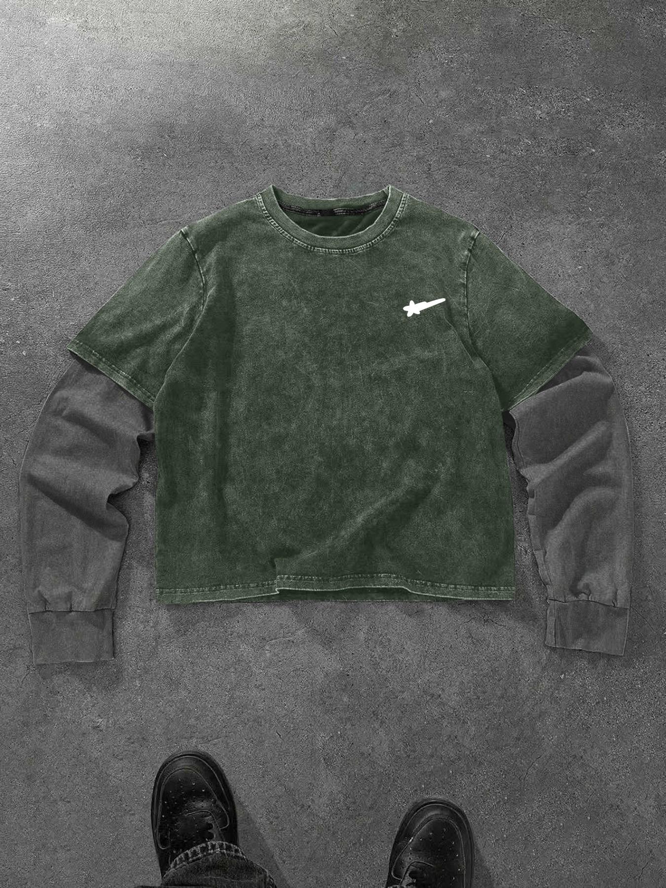 Men's Washed Cotton Mock Two-Piece Round Neck Long Sleeve Fitted Tee, with Star Print Design, a Casual and Trendy All-season Wardrobe Essential