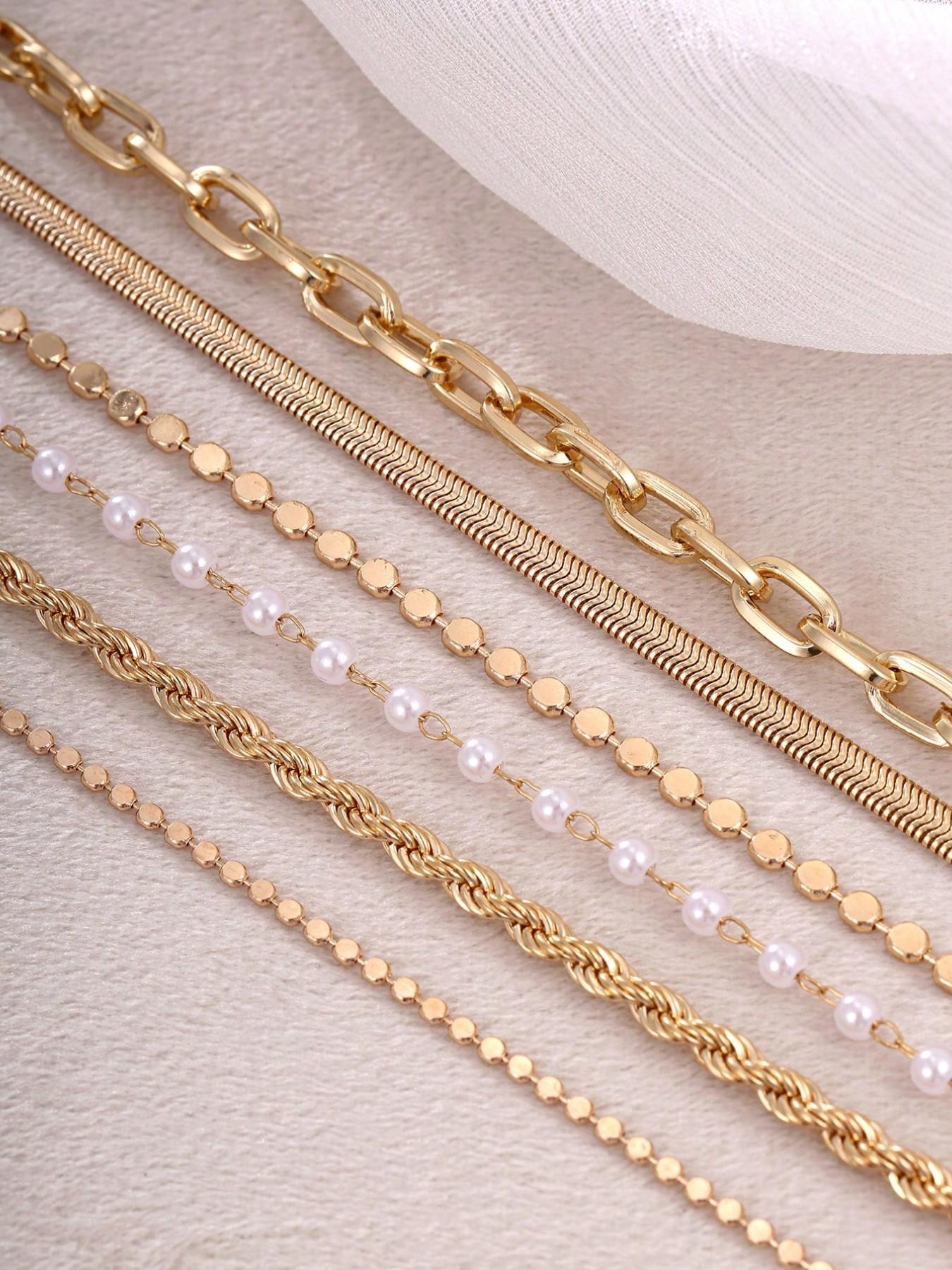 6pcs Metal Chain Bracelet Set, Faux Pearl, Snake Chain, Twisted Chain, Flat Round Disc Design, Chunky Fashion Jewelry, Elegant Retro Style, Bangle Bracelet Set
