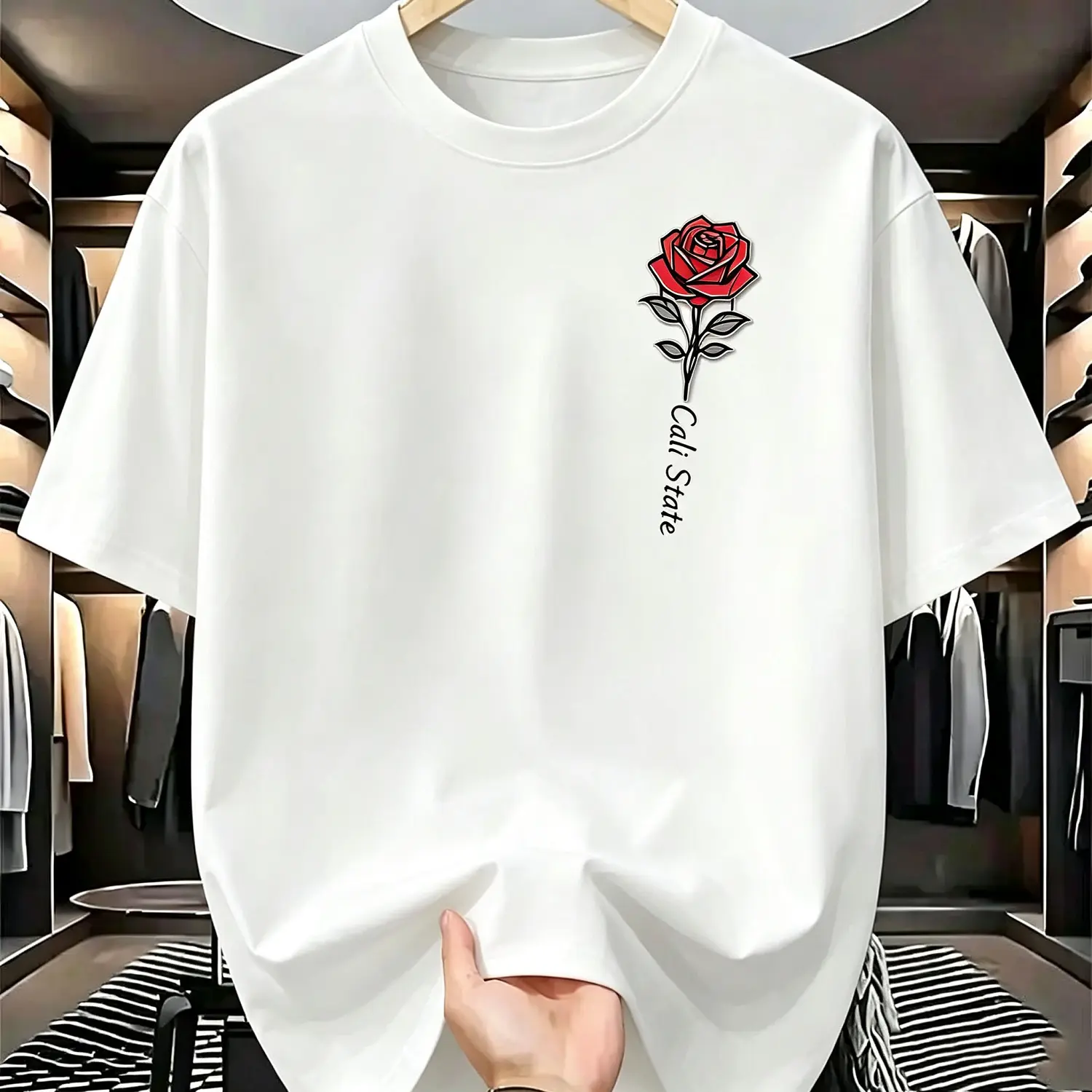 Men's Classic Rose Graphic T-Shirt in Soft , Casual Loose Fit Round Neck Top, Great Gifts for Boyfriend, Boyfriend Birthday Gifts, Chinese New Year, Tops, Graphic Shirts, Valentines Day, Casual T-Shirts