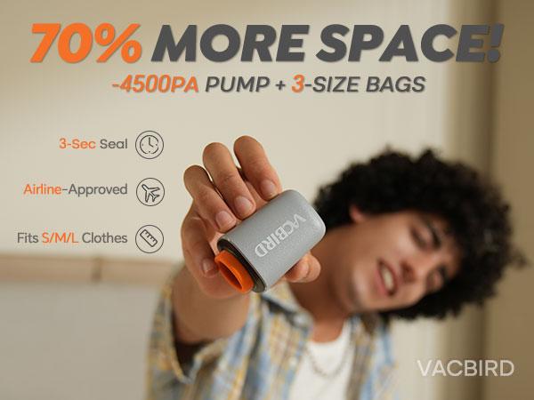VACBIRD New X8 Vacuum Packing Pump Storage Bags-Rechargeable Wireless Pump Travel Storage Bags Set - 20 Pack Portable Space Saver Bags for Travel & Home - Vacuum Compression Packing Seal for Clothes, Blankets, Seasonal Storage