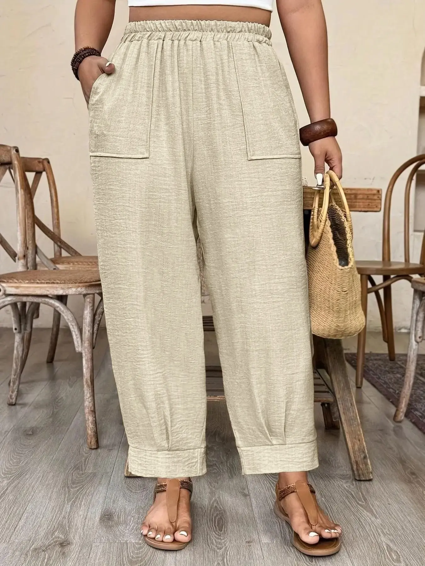Plus Size Casual Elastic Waist Loose Fit Trousers, Breathable Lightweight Fabric, Trendy Vacation Daily Wear, Comfortable Relaxed Fit Work Casual Bottoms Pants
