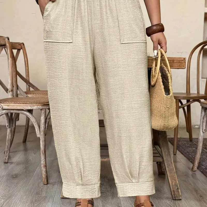 Plus Size Casual Elastic Waist Loose Fit Trousers, Breathable Lightweight Fabric, Trendy Vacation Everyday Daily Wear, Comfortable Relaxed Fit Work Casual Bottoms
