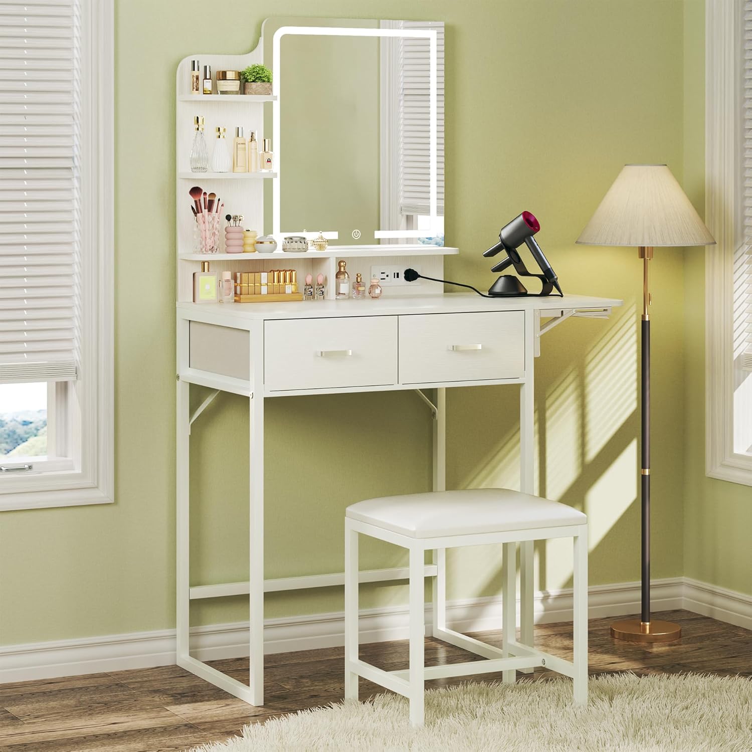 Small Vanity Desk with Mirror and Lights, Makeup Vanity with Fabric Storage Drawer, Chair and Three Shelves, White Vanity with Power Outlet and Fold-up Panel, Bedroom Small Vanity Desk with Mirror and Lights, Makeup Vanity with Fabric Storage Drawer, Chair and Three Shelves, White Vanity with Power Outlet and Fold-up Panel, Bedroom
