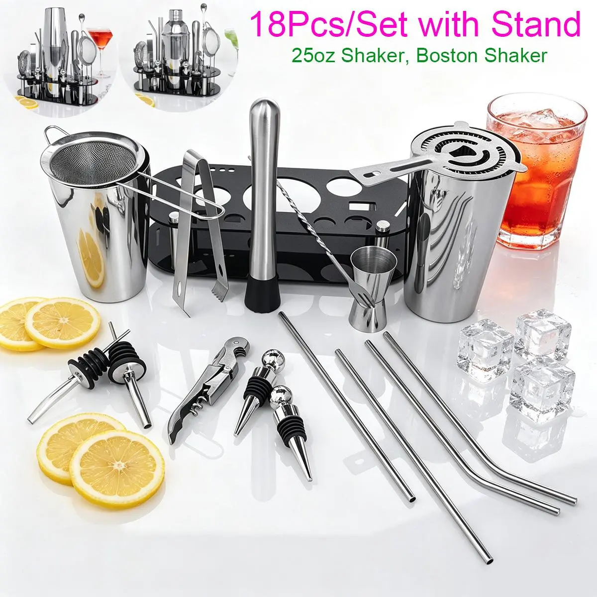 18 Pieces Cocktail Shaker Set 750/600ml, 25oz & 20oz Boston Bar Shakers with Black Storage Stand + Cocktail Recipes, Complete Bartending Kit Bar Tools for Home Bar, Party, Gift