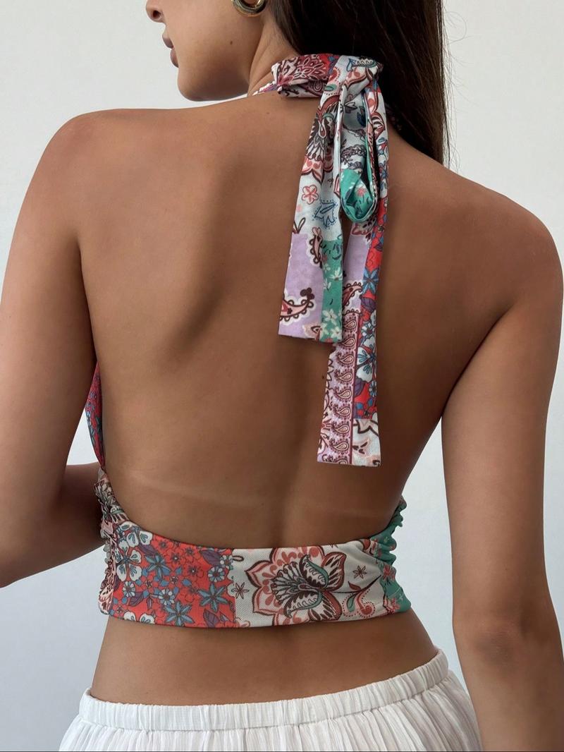 Women's Floral Print Halter Neck Top, Boho Sleeveless Cropped Top for Summer, Women's Clothing for Beach Holiday Vacation, Boho Sleeveless Tie Back Womenswear, Casual Boho Sleeveless