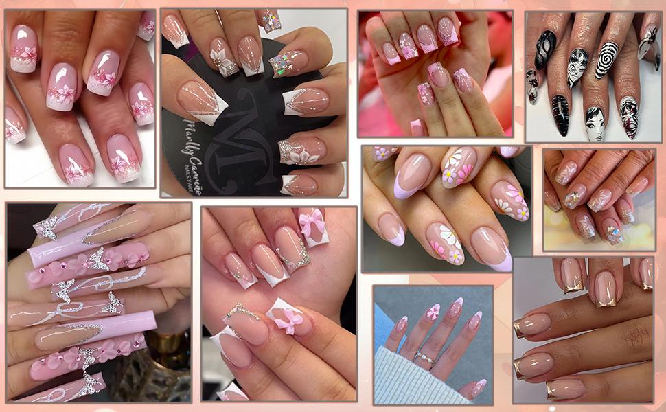 24Pcs Pink French Tip Press Nails Short Square Fake Nails Spring Cherry Blossoms with Line Design Nude Pink False Nails Stick Nails Full Cover Artificial Glue Nails for Women DIY Manicure